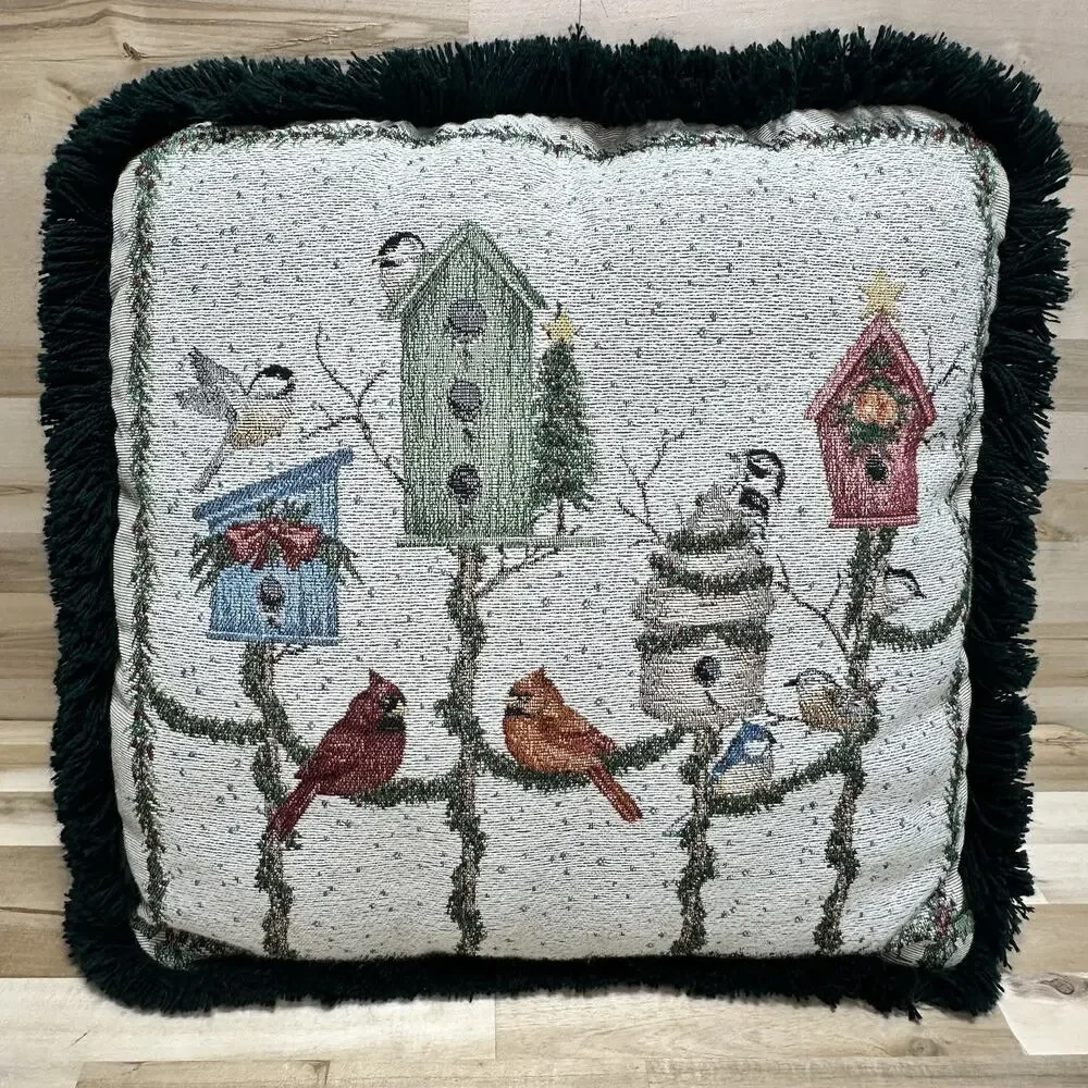 VTG Shumaker Patton Tapestry Pillow Cardinals Birdhouses Christmas Holiday Birds